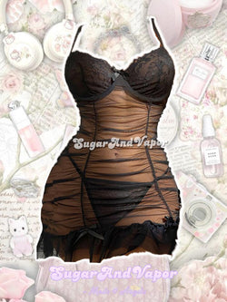 Elysia Gathered Mesh Lingerie Dress with T-back-DRESSES-SugarAndVapor
