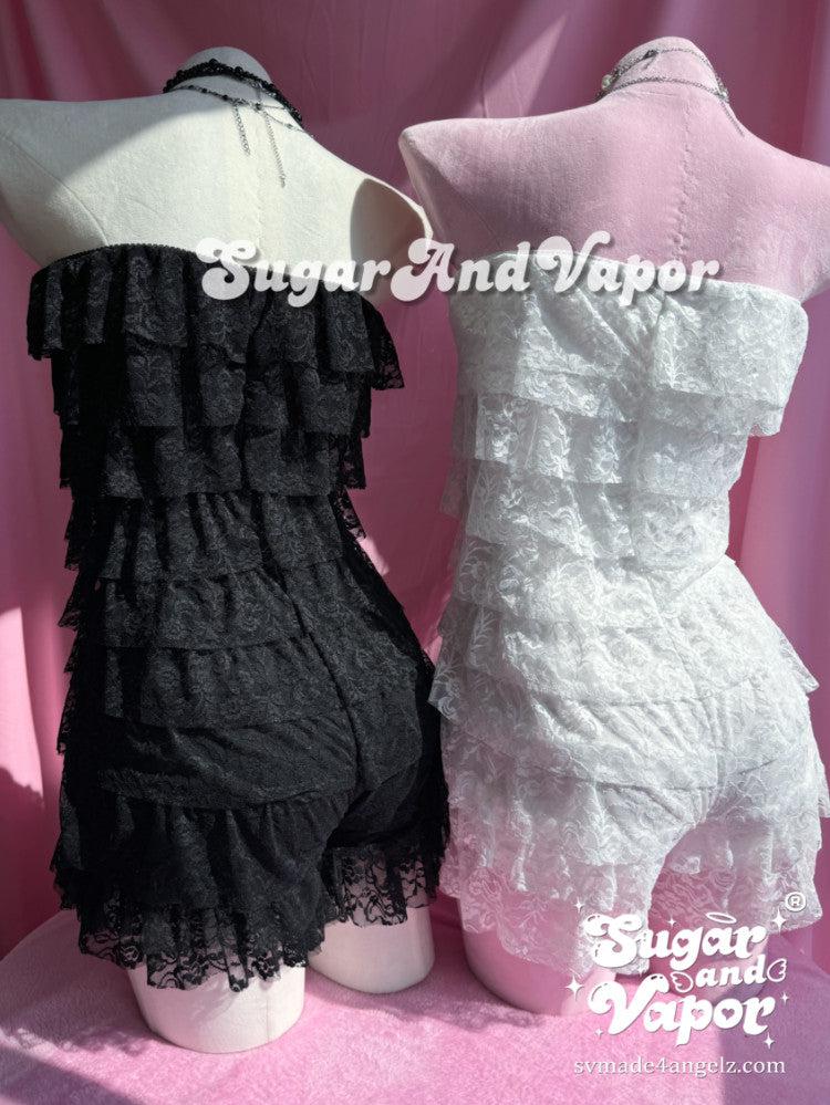 Evelina Dreamy Layered Lace Ruffle Romper-Pants-SugarAndVapor