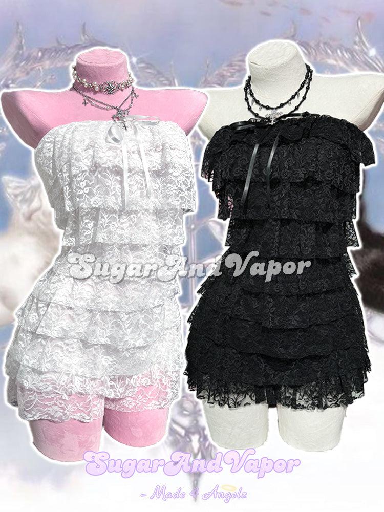 Evelina Dreamy Layered Lace Ruffle Romper-Pants-SugarAndVapor