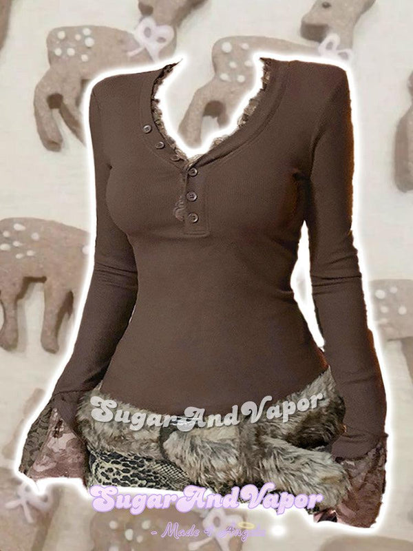 Felicia Chestnut Lace Long Sleeve Top-TOPS-SugarAndVapor