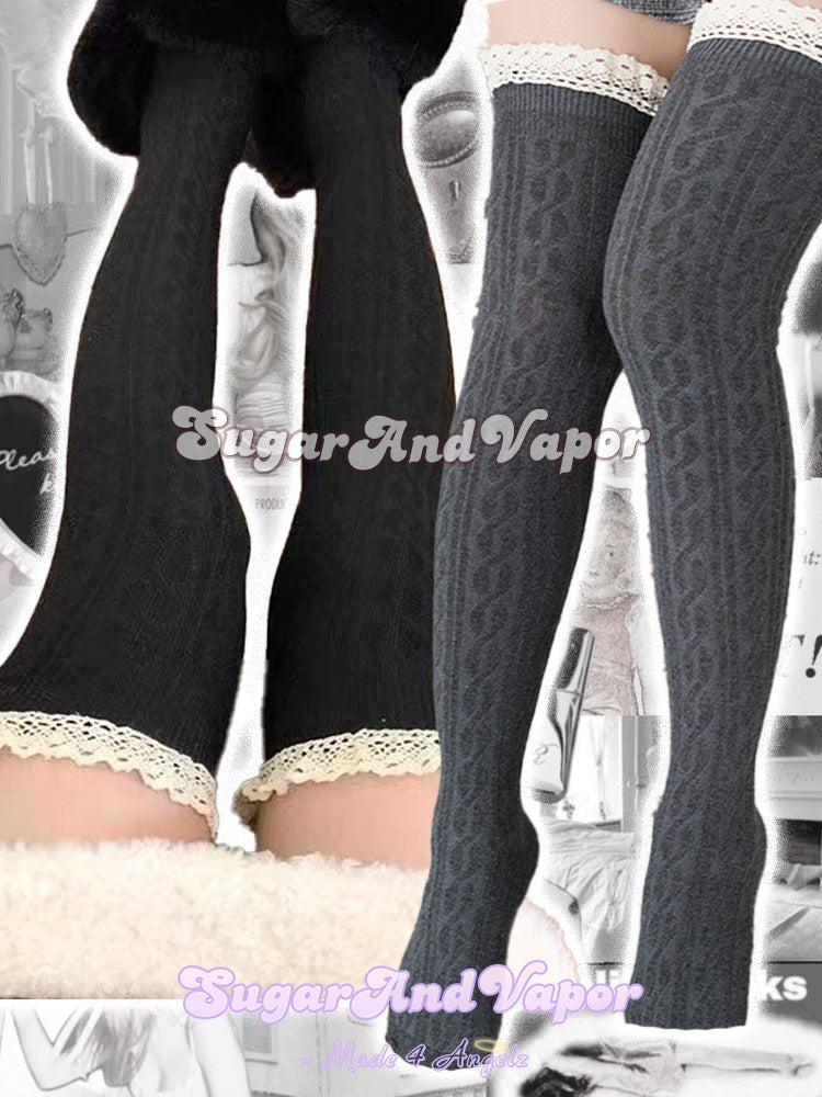 Fiona Blossom Lace Knit Thigh High Stockings-SOCKS & TIGHTS-SugarAndVapor