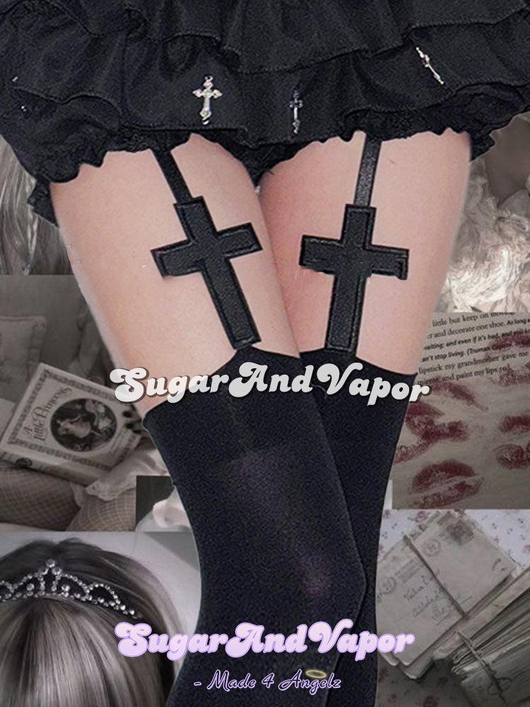 Gothic Dark Cross Garter Stocking Tights-SOCKS & TIGHTS-SugarAndVapor