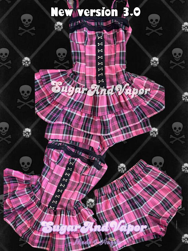 Grunge Doll Plaid Flared Romper Dress 3.0 (split two-piece set)-DRESSES-SugarAndVapor