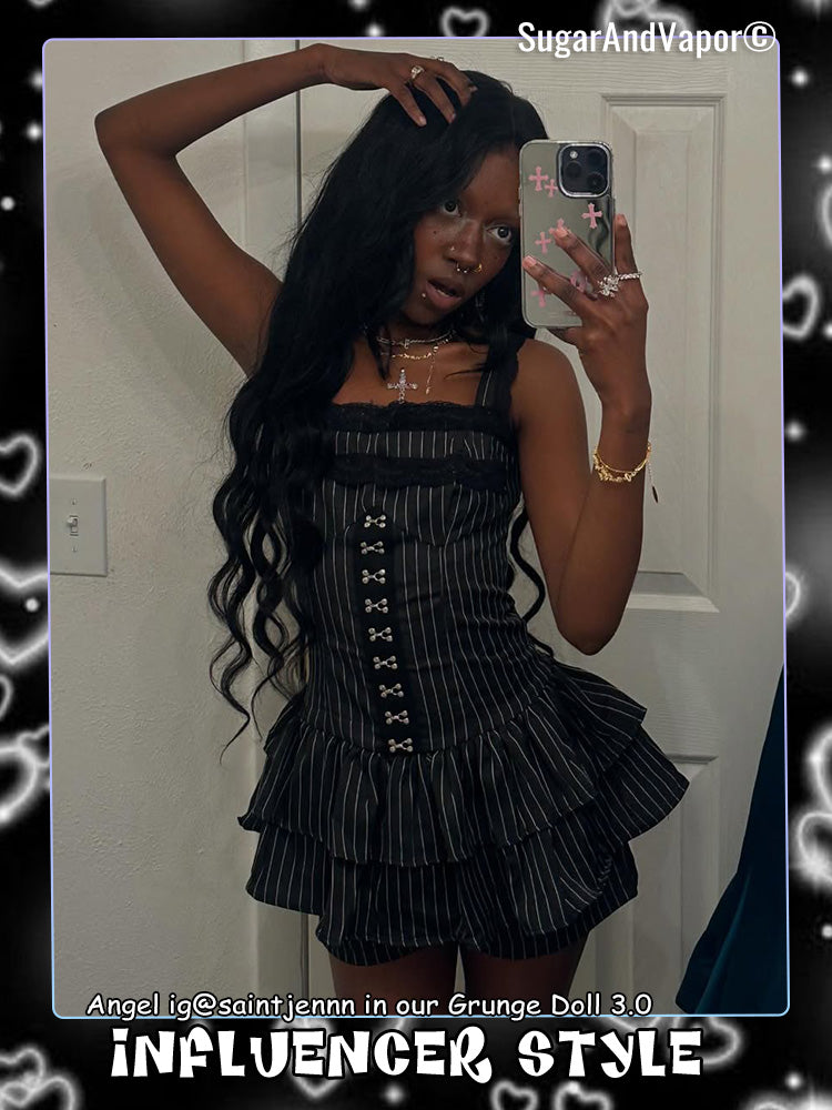 Grunge Doll Stripes Flared Romper Dress 3.0 (split two-piece set)-DRESSES-SugarAndVapor