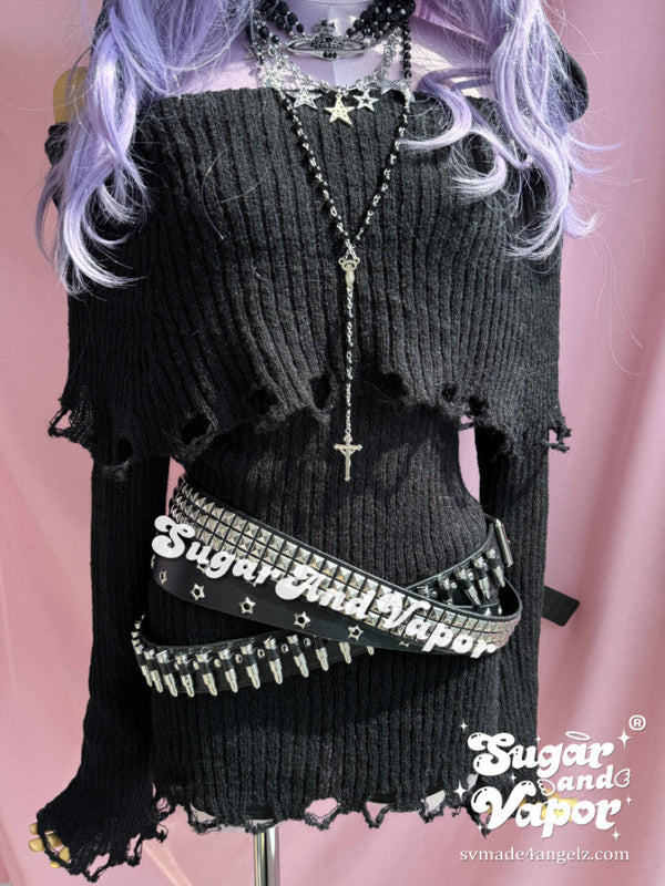 Grunge Off-the-shoulder Dark Ripped Sweater-DRESSES-SugarAndVapor