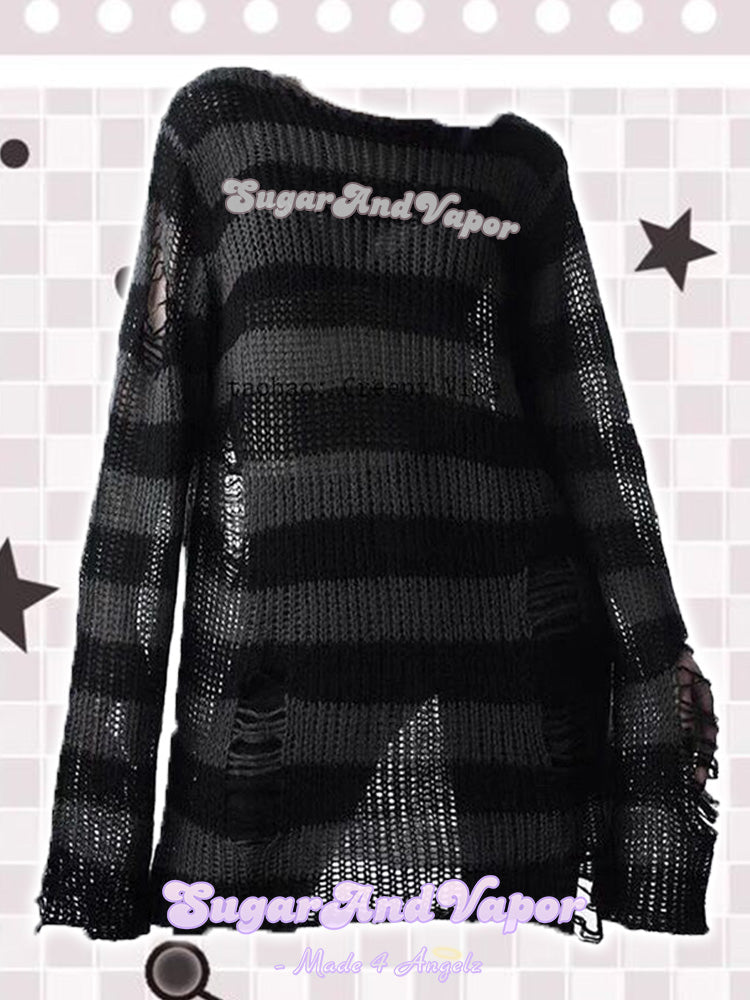 Grunge Stripes Ripped Sweater Dress-Sweaters-SugarAndVapor