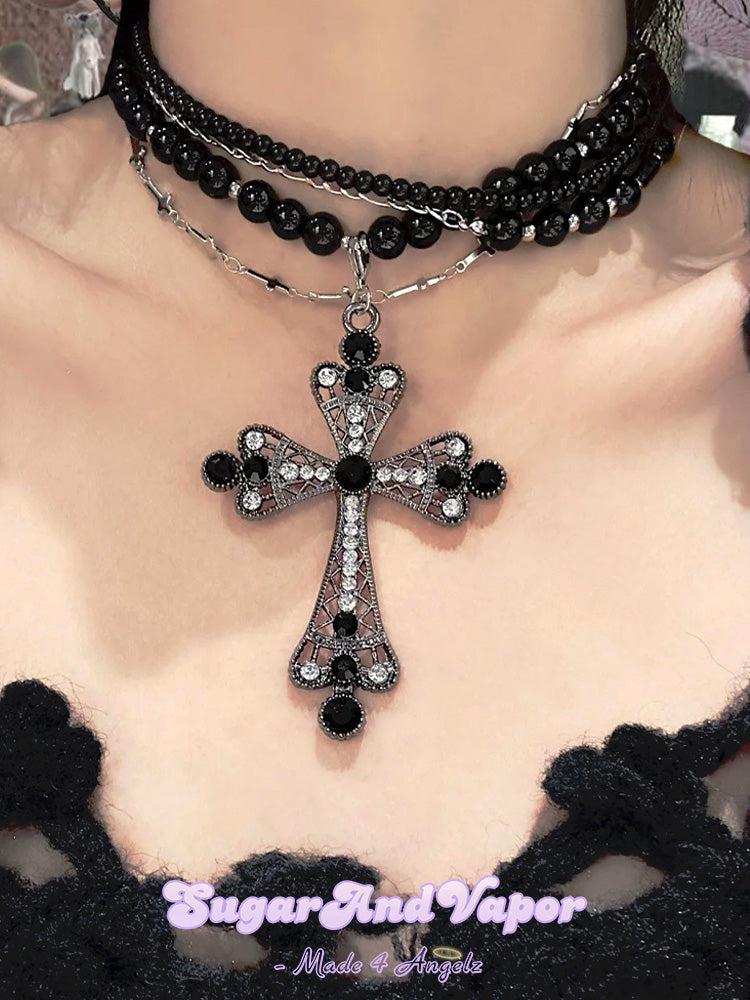 Hecate Black Beaded Cross Layered Choker-NECKLACES-SugarAndVapor