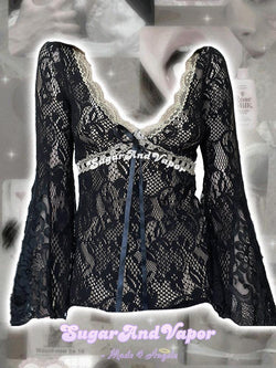 Isabella Dark Lace Bell Sleeve Top-TOPS-SugarAndVapor