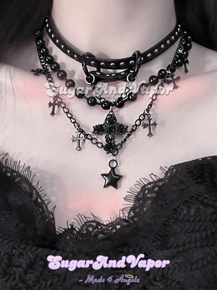 Israfel Black Cross Layered Choker-NECKLACES-SugarAndVapor