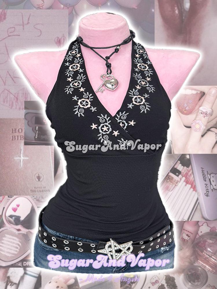 Jade Thorn Y2K V-neck Halter Top-TOPS-SugarAndVapor