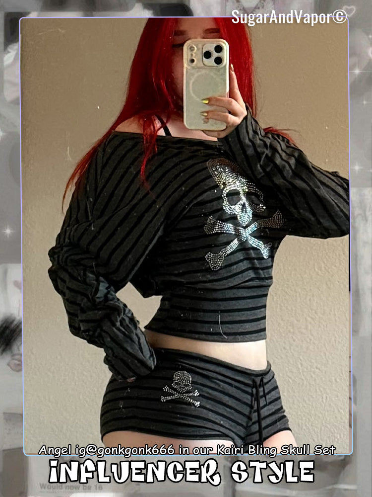 Kairi Grugne Knit Stripes Skull Batwing Y2K Stripes Set-TOPS-SugarAndVapor
