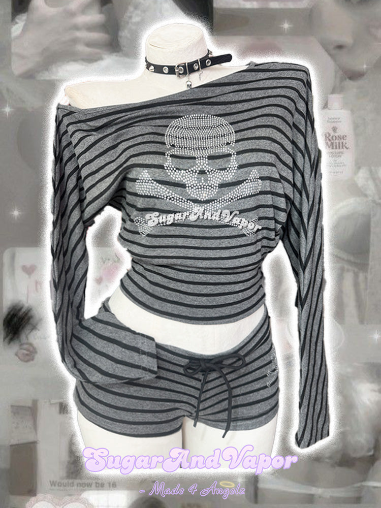 Kairi Grugne Knit Stripes Skull Batwing Y2K Stripes Set-TOPS-SugarAndVapor