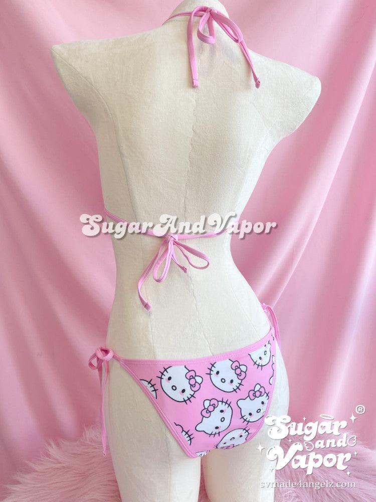 Kawaii Kitten Face Pink Bikini Set-Swimsuits-SugarAndVapor