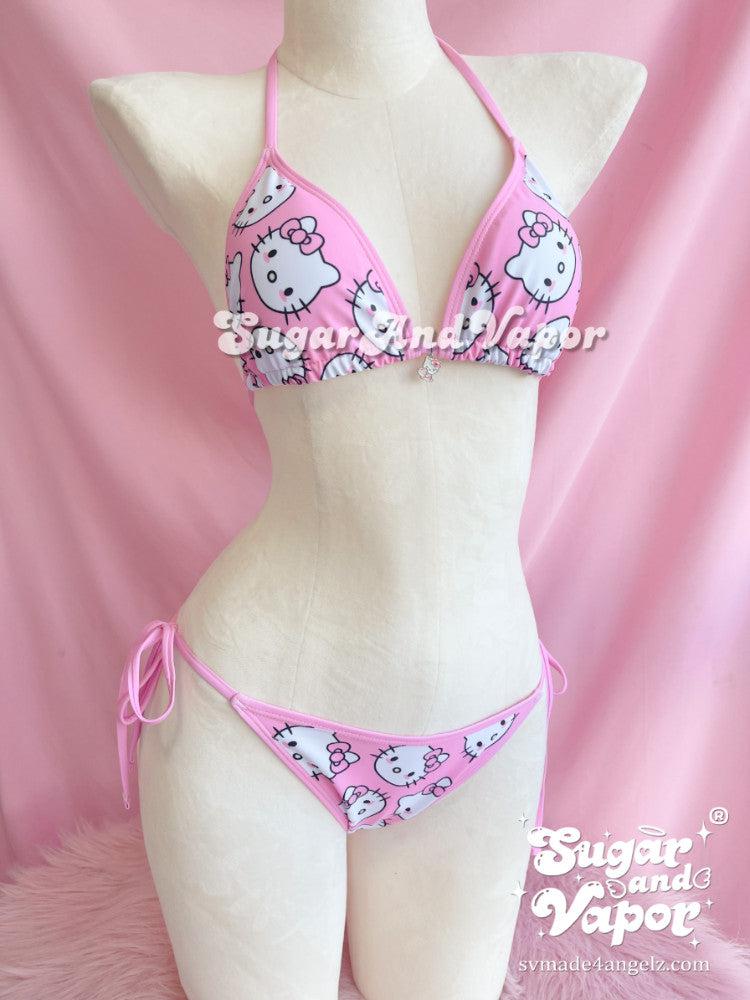 Kawaii Kitten Face Pink Bikini Set-Swimsuits-SugarAndVapor