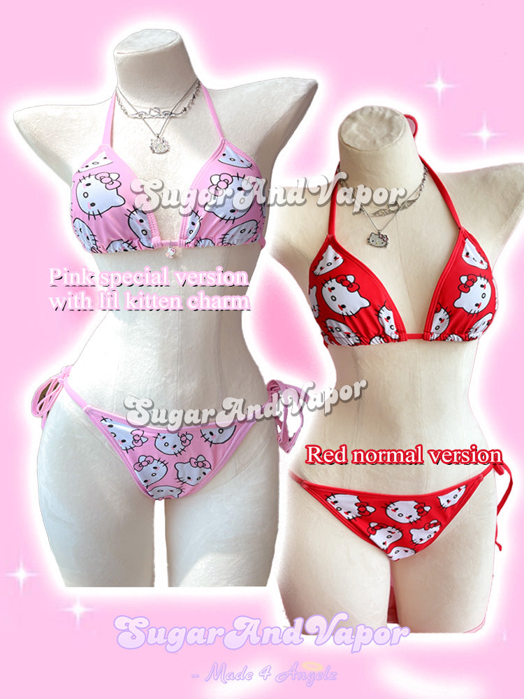 Kawaii Kitten Face Pink Bikini Set-Swimsuits-SugarAndVapor