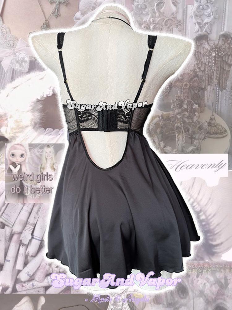 Lila Black Satin Pink Ribbon Fairy Slip Dress-Dress-SugarAndVapor