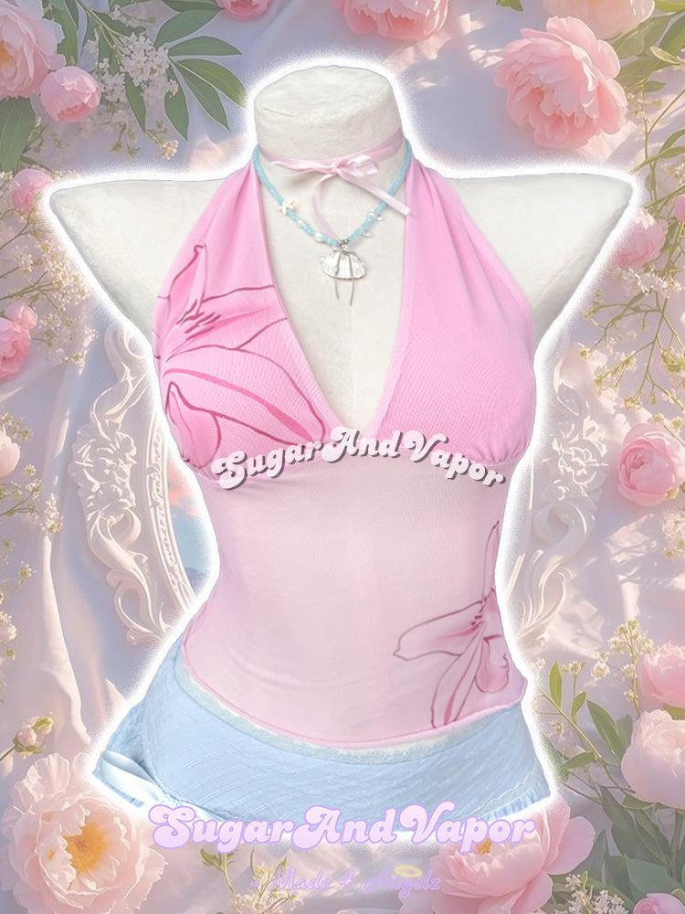 Liliane Petal Pink Mesh Halter Top-TOPS-SugarAndVapor