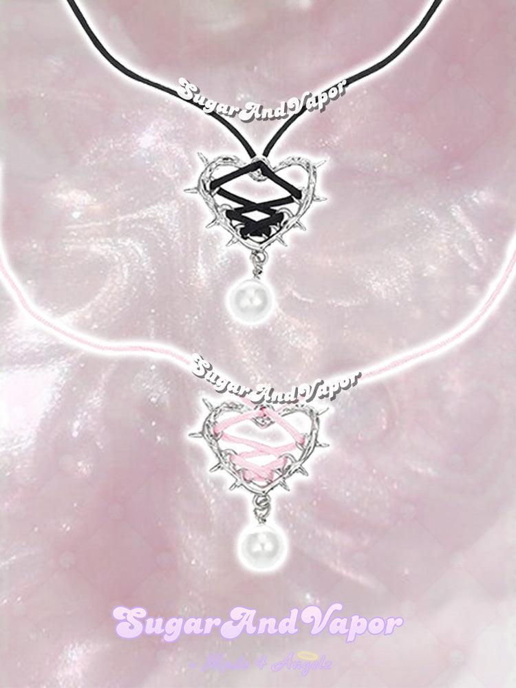 Lilybeth Pearls Thorns Heart Lace-up Choker-NECKLACES-SugarAndVapor