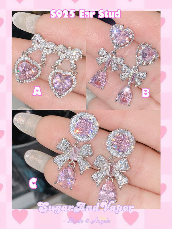 Lizzy Pink Stone Heart Bow S925 Earrings-EARRINGS-SugarAndVapor