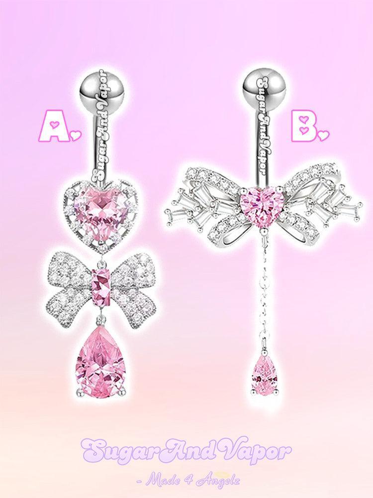 Loveliette Charm Pink Heart Gem Bow Belly Ring-Belly Ring-SugarAndVapor