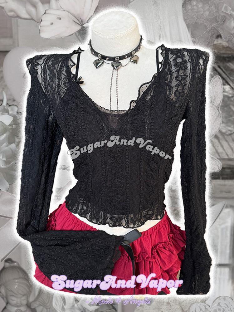Lunaria Dark Romantic Black Lace Top + Cami Set-TOPS-SugarAndVapor