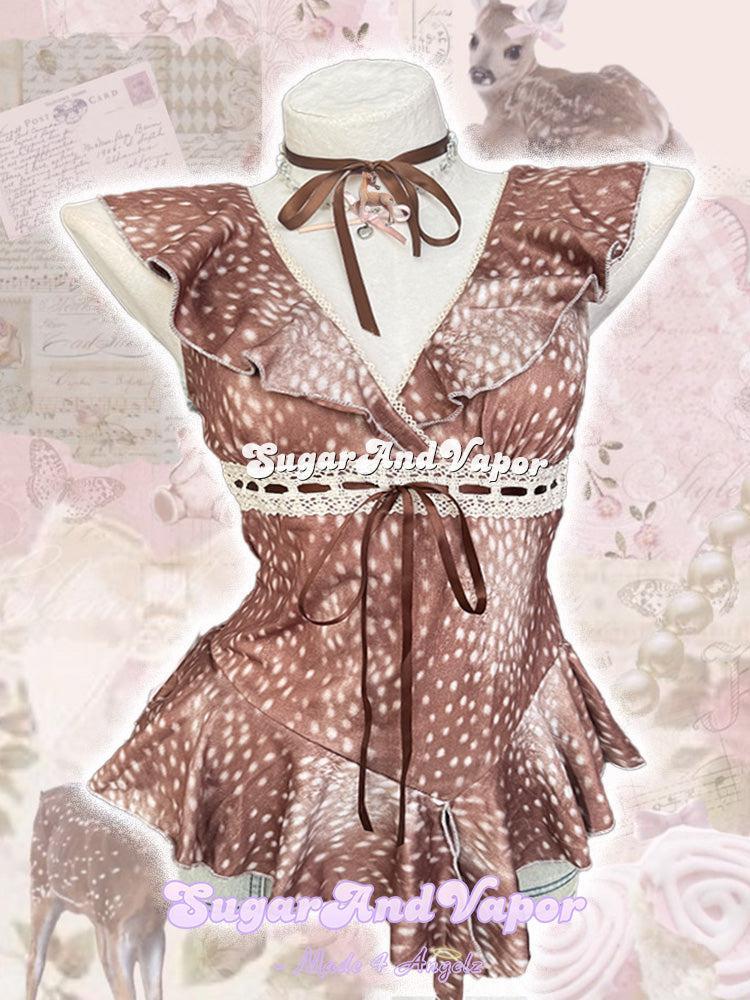 Lynelle Fawn Woodland Ruffle Hem Top (with Gift Fawn Choker)-TOPS-SugarAndVapor
