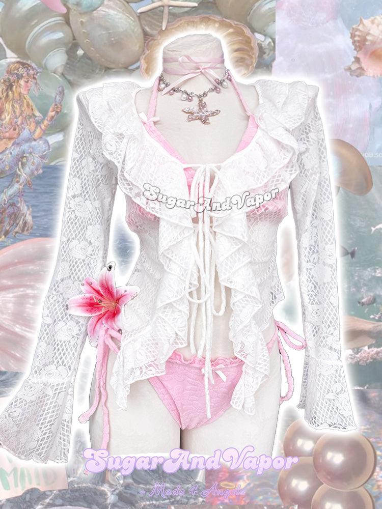 Lynelle White Floral Lace Ruffle Cover-Up Top-TOPS-SugarAndVapor