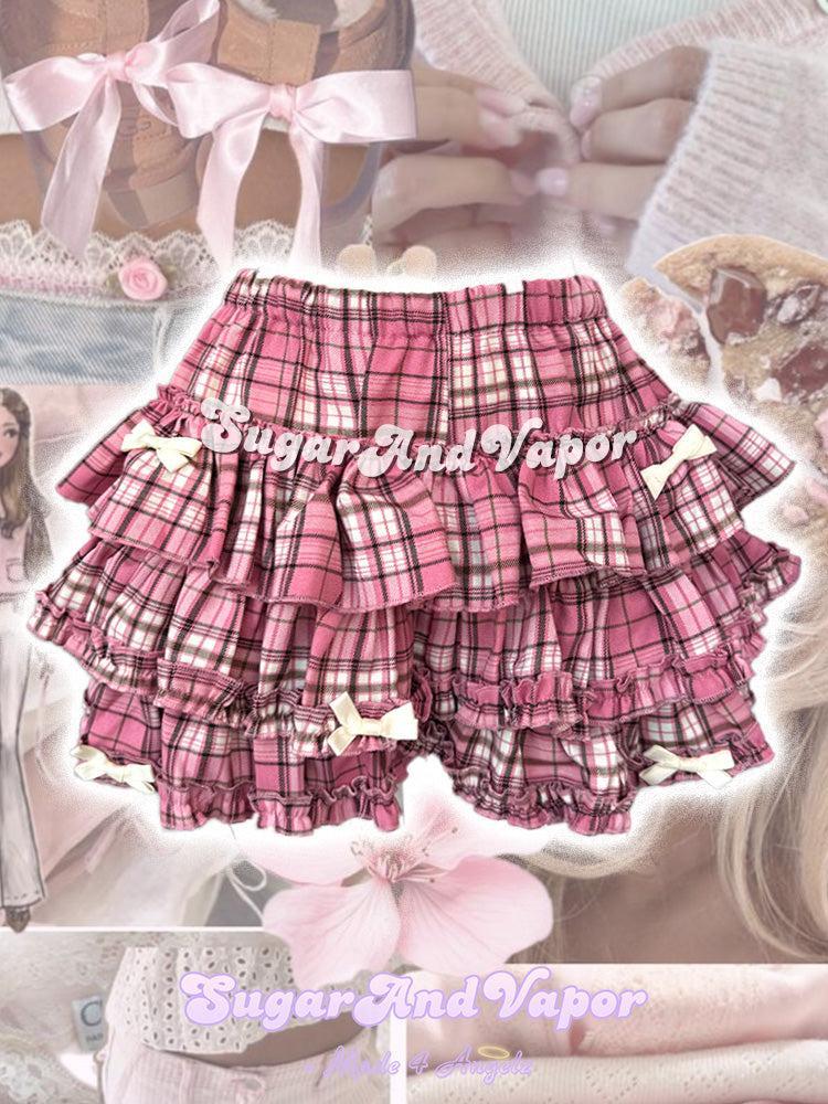 Madeleine Berry Pink Plaid Flare Layered Skort-Skirts-SugarAndVapor