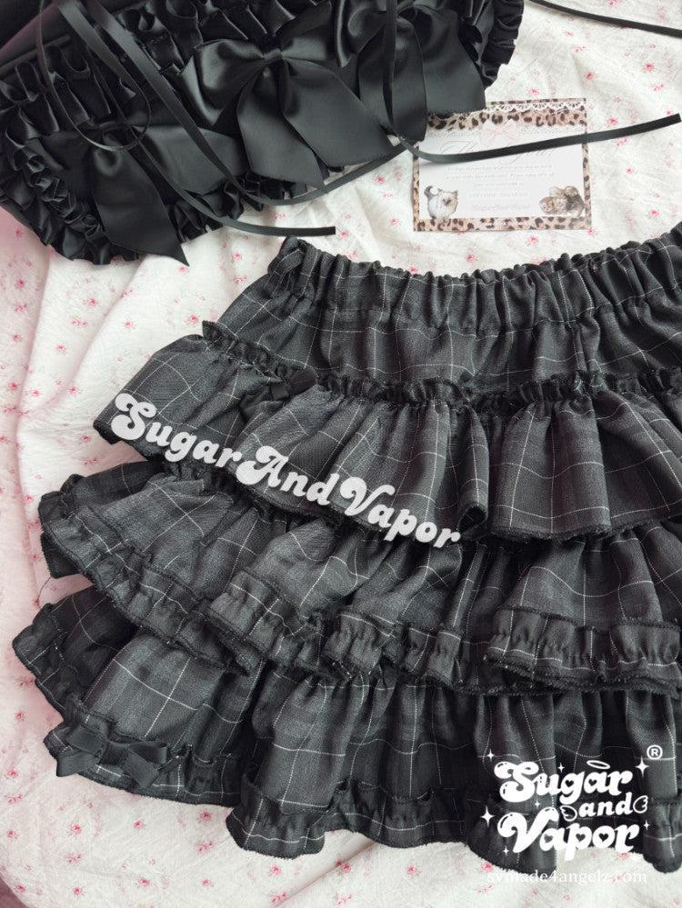 Madeleine Noir Dark Plaid Flare Layered Skort-Skirts-SugarAndVapor