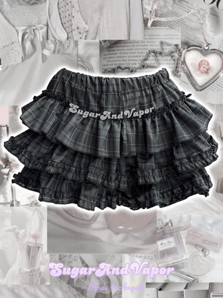 Madeleine Noir Dark Plaid Flare Layered Skort-Skirts-SugarAndVapor