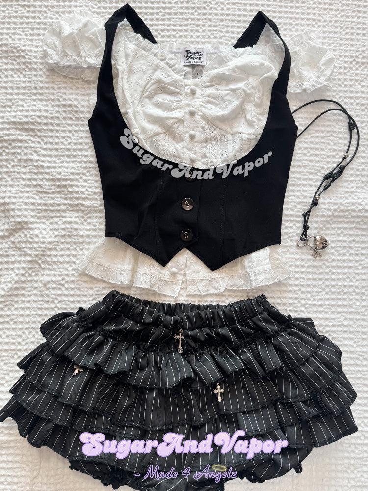 Marcelline Black Vest & Oveline White Blouse Top Set-TOPS-SugarAndVapor