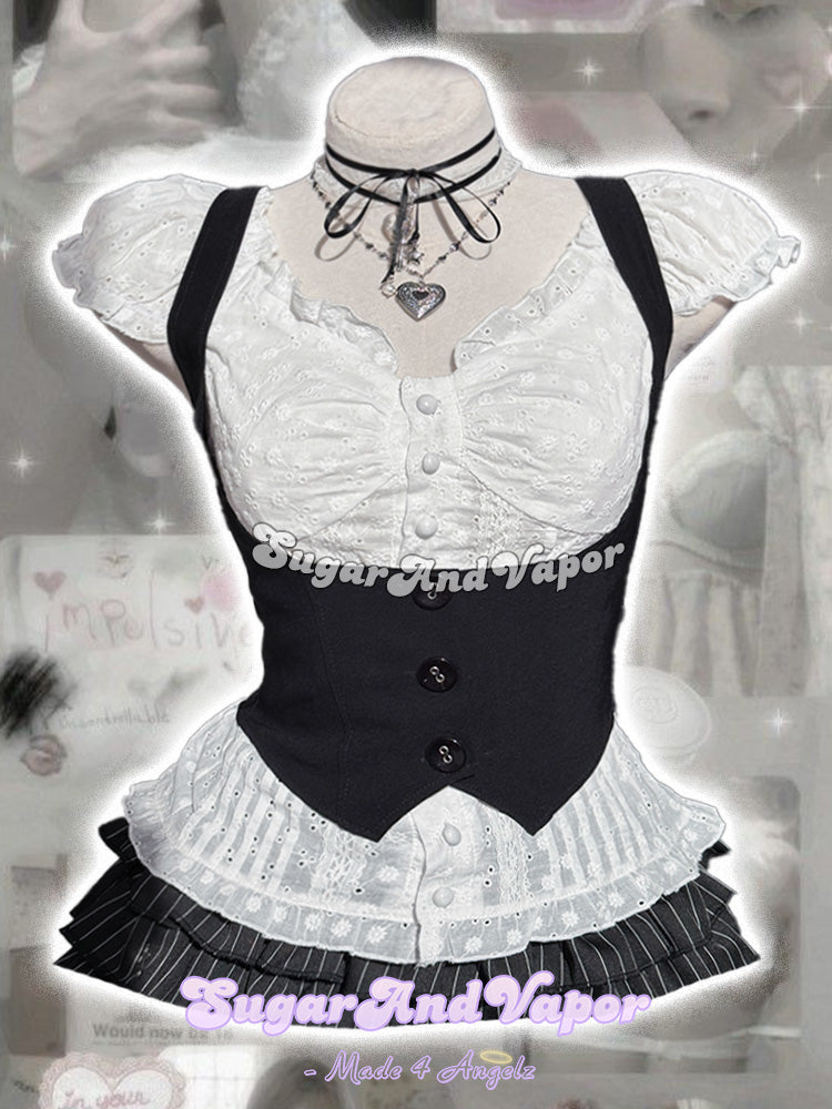 Marcelline Black Vest & Oveline White Blouse Top Set-TOPS-SugarAndVapor