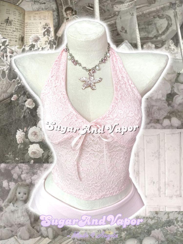 Mariana Baby Pink Coquette Lace Halter Top-TOPS-SugarAndVapor