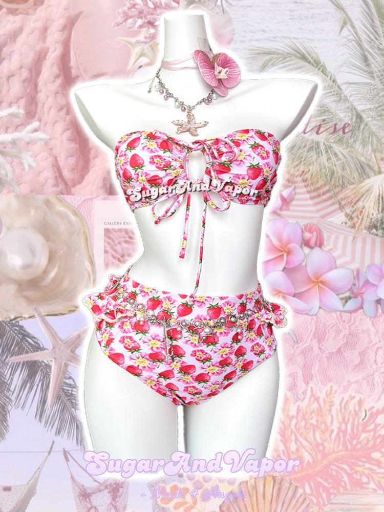 Maribelle Strawberry Bloom Ruffle High-Waist Bikini Set-Swimsuits-SugarAndVapor