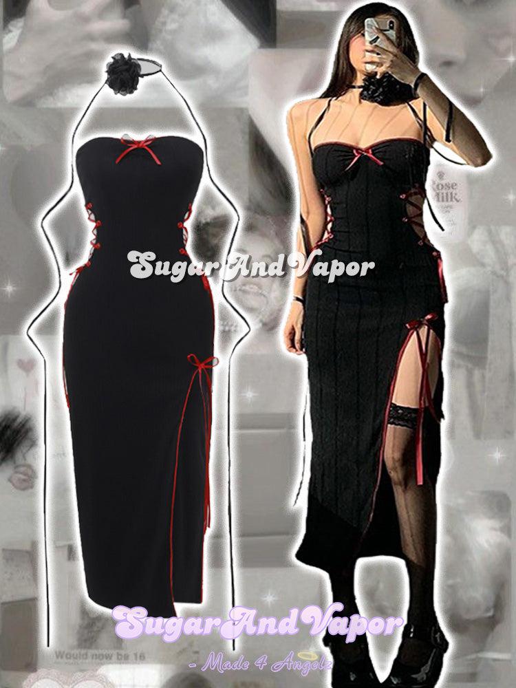 Morgana Red Lace-up Black Bodycon Dress-DRESSES-SugarAndVapor