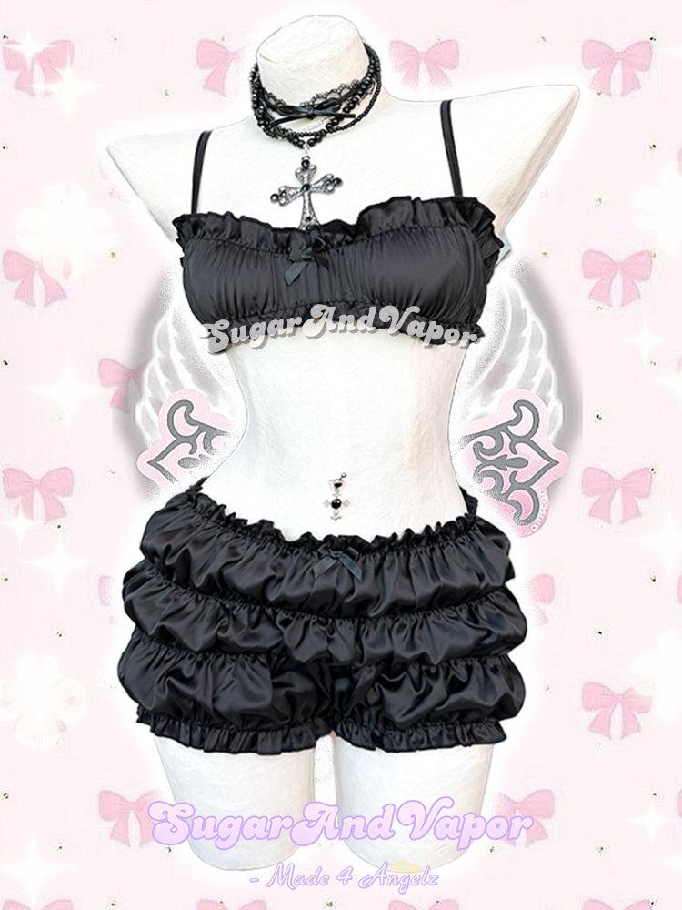 Noir Black Silky Demi Bra + Shorts Set-Shorts-SugarAndVapor