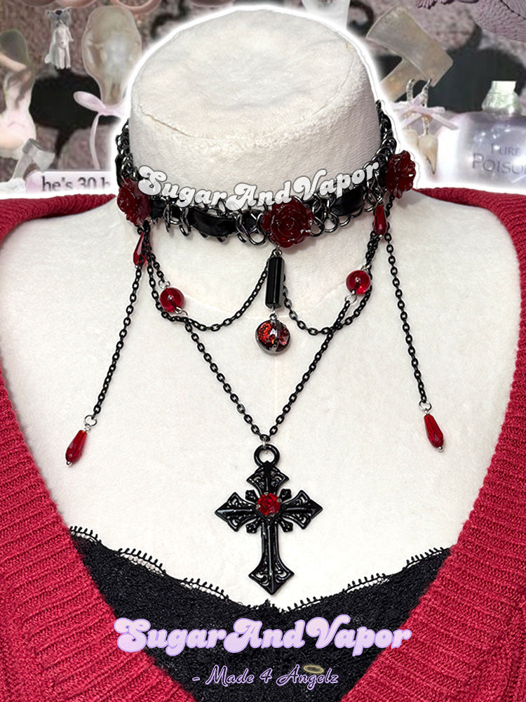 Nyx Red Rose Dark Cross Layered Choker Necklace-NECKLACES-SugarAndVapor