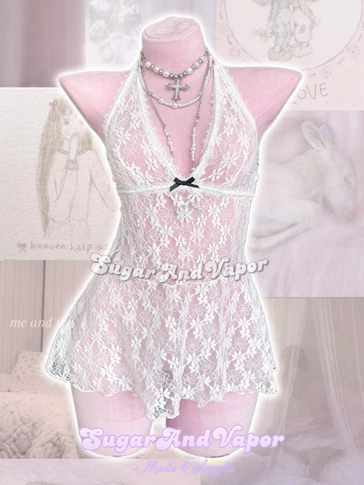 Odette Lace See-through Babydoll Halter Dress Top-DRESSES-SugarAndVapor