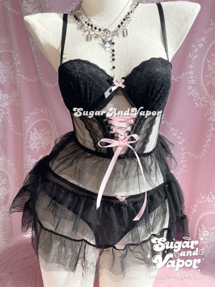 Odette Pink Bow Lace-up Bustier Dress Set-Lingeries-SugarAndVapor