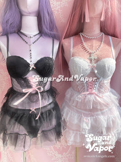 Odette Pink Bow Lace-up Bustier Dress Set-Lingeries-SugarAndVapor