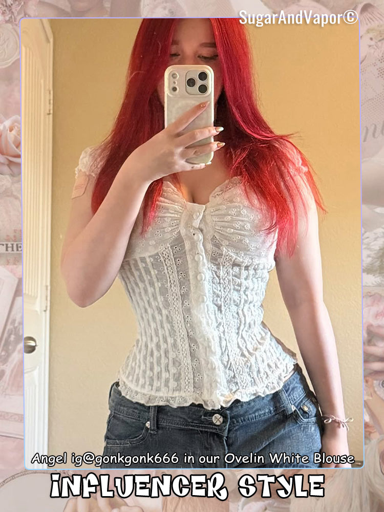 Oveline Shadow Grey Eyelet Ruffle Blouse Top-TOPS-SugarAndVapor