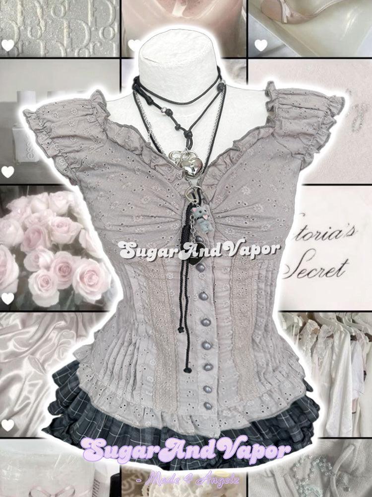 Oveline Shadow Grey Eyelet Ruffle Blouse Top-TOPS-SugarAndVapor