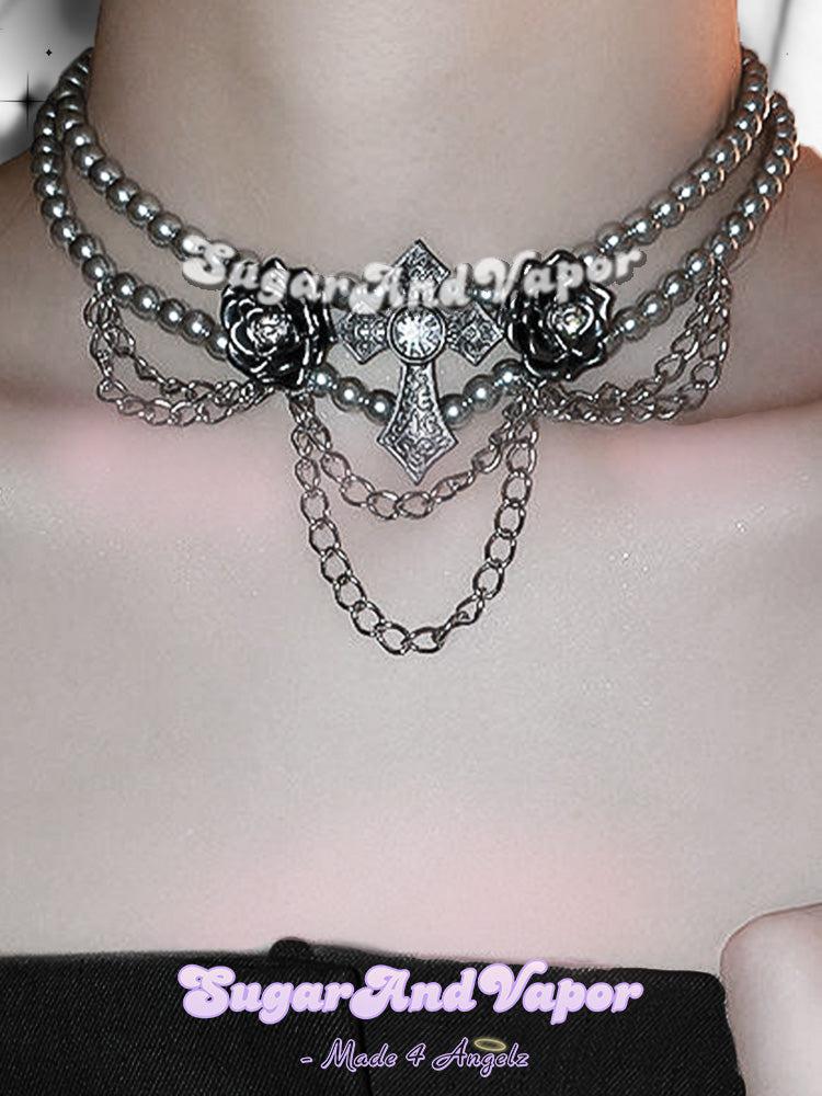 Persephone Cross Rose Layered Choker-NECKLACES-SugarAndVapor