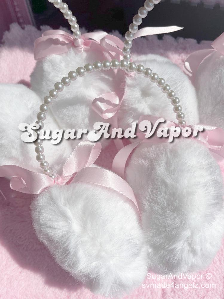 Pink Bow White Furry Warm Earmuffs-Hats-SugarAndVapor