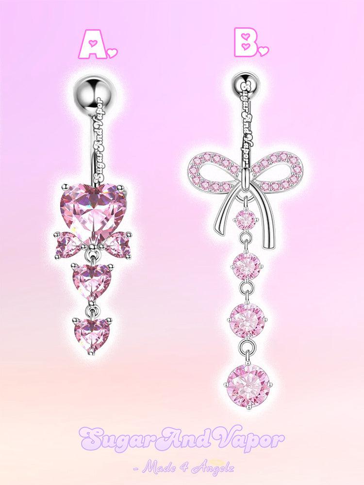 Pink Princess Heart Bows Belly Ring-Belly Ring-SugarAndVapor