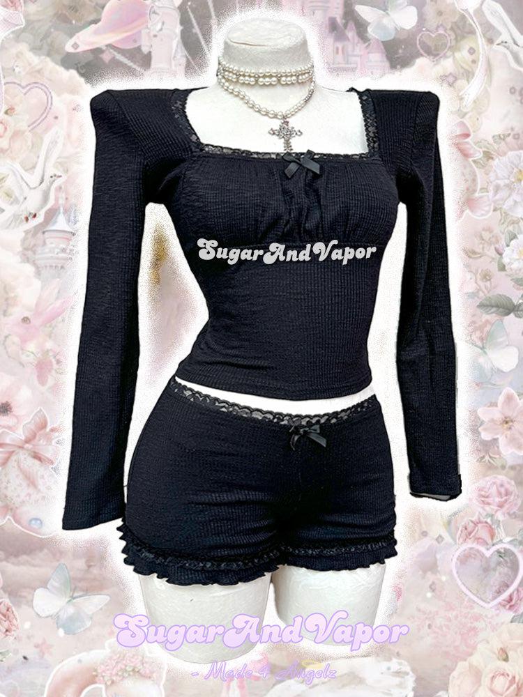 Raina Black Girly Top + Shorts Set (New color)-TOPS-SugarAndVapor