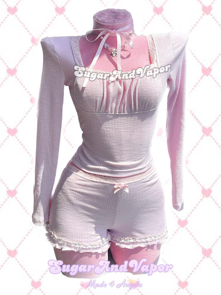 Raina Lilac-Pink Girly Long Sleeve Top + Shorts Set-TOPS-SugarAndVapor