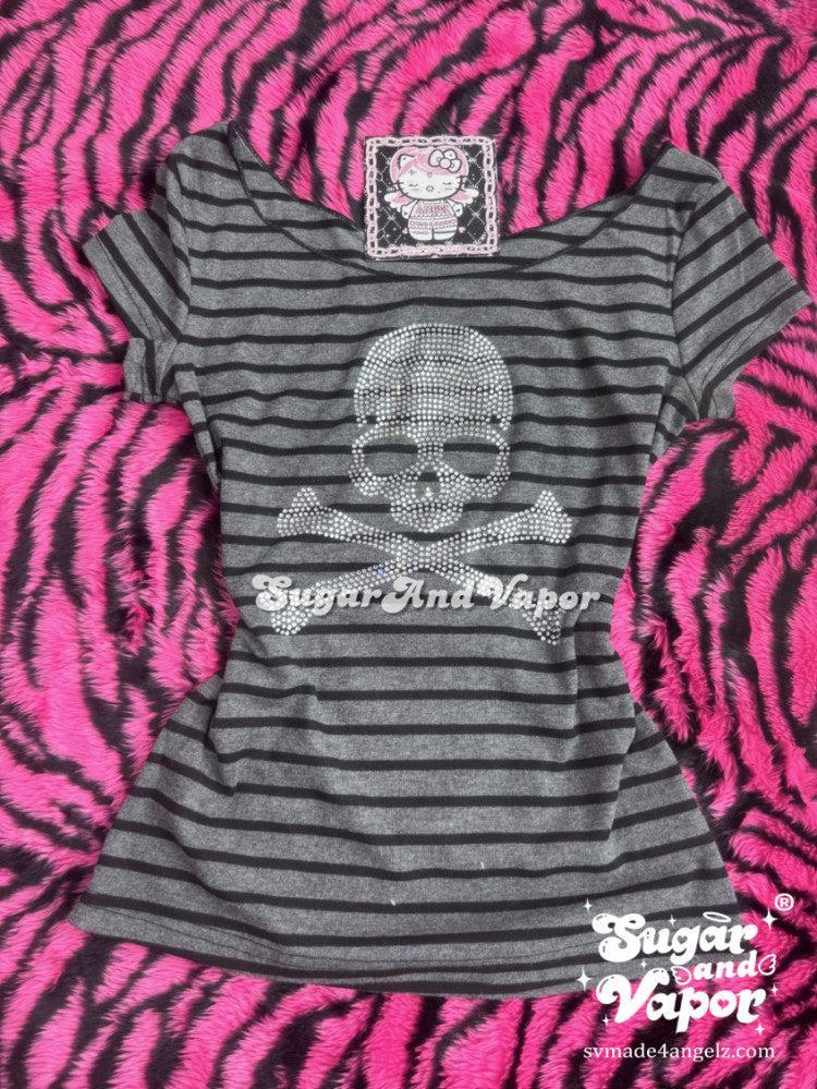 Ravyne Bling Skull Stripes Top (Short Sleeve ver.)-TOPS-SugarAndVapor