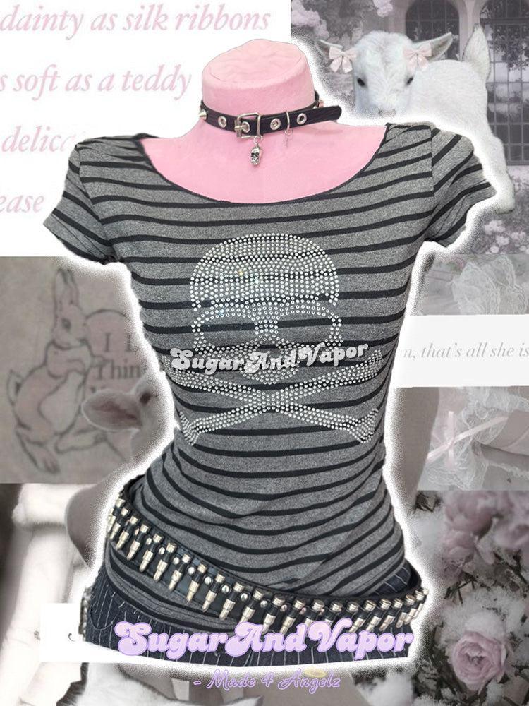 Ravyne Bling Skull Stripes Top (Short Sleeve ver.)-TOPS-SugarAndVapor
