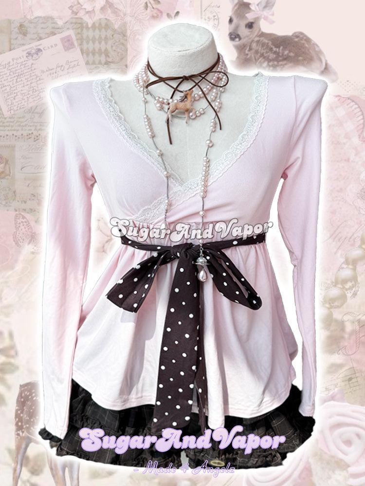 Rosalie Pink Brown Polka Tie-up Babydoll Top-TOPS-SugarAndVapor